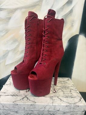 Hella Heels Dark Red Babydoll 8” Open Toe Boot